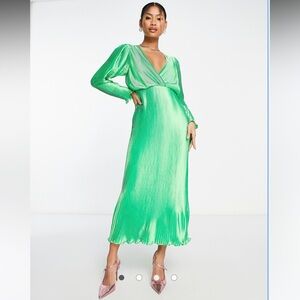 ASOS DESIGN satin pleat detail plunge midi dress in green